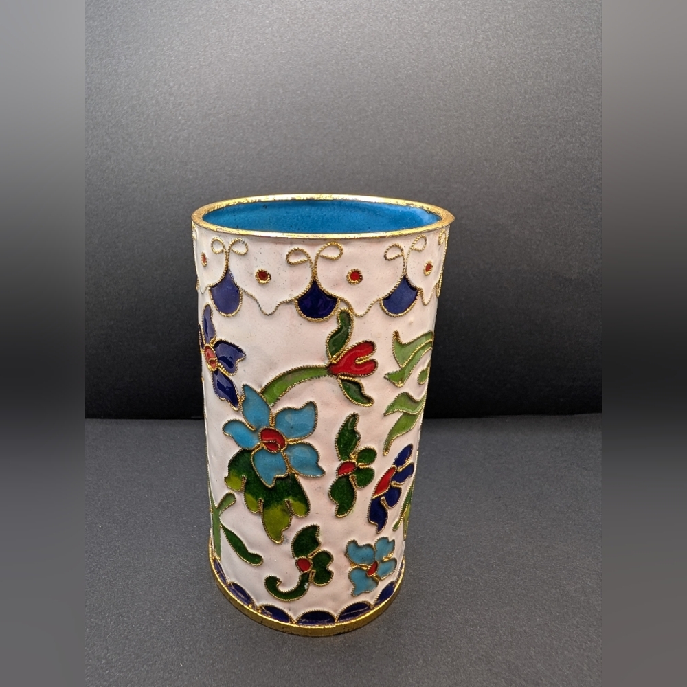 Vintage Enamel Vase with Blue and Green Floral Design